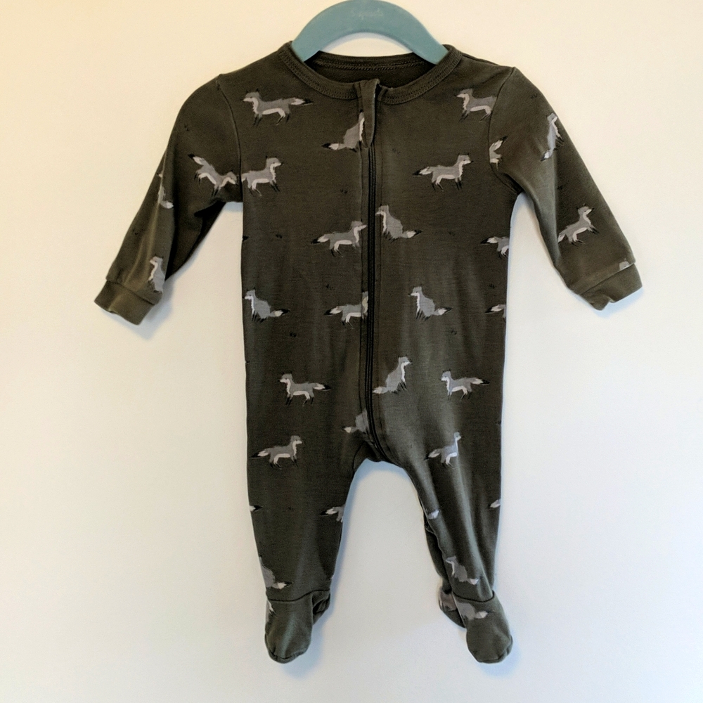Petit Lem Fox print footed onesie, olive and grey, size 3 months